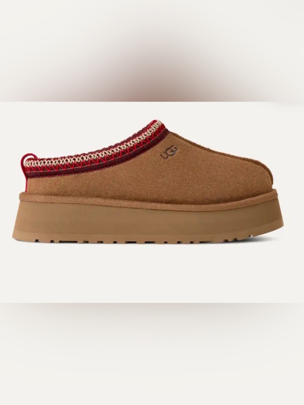 UGG Women’s Chestnut Suede Platform Clog with Red Trim